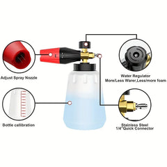 Adjustable Nozzle Foam Cannon – 1L Thick Bottle, 1/4" Quick Connect Pressure Washer
